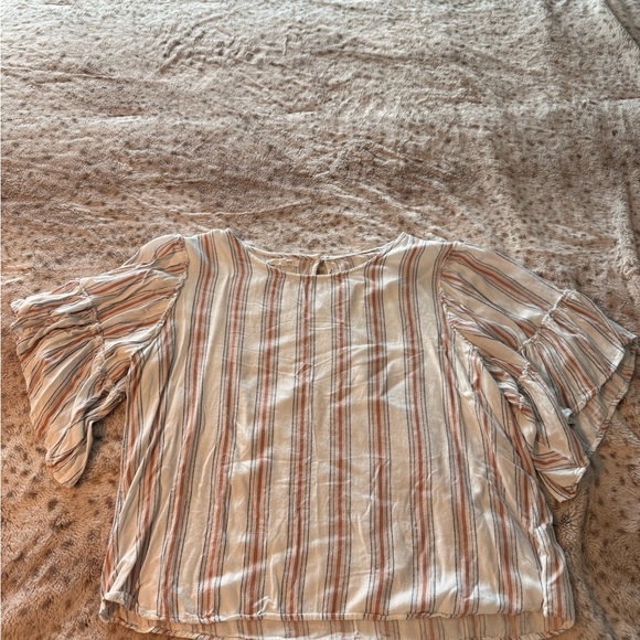 Maurices Tops - Maurices Striped Ruffle Sleeve Top - Cream, Tan, Blue
